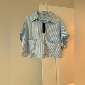 Fashion Nova Light Blue & White Striped Cropped Shirt